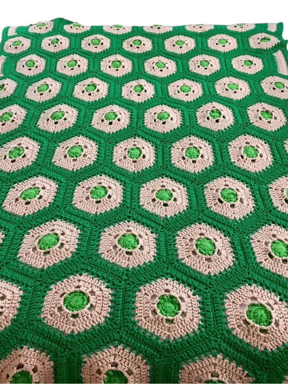 Vintage 3D Flower Handmade Crochet Granny Squares Hexagon Afghan Blanket Throw
